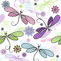Fototapety Spring seamless floral pattern with dragonflies