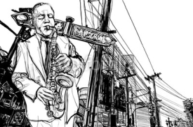 Naklejki saxophone player in a street