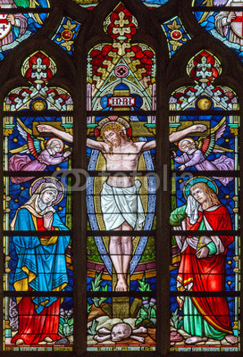 Bruges - Crucifixion on windowpane in St. Salvator's Cathedral