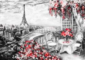 Fototapety Oil Painting, summer cafe in Paris. gentle city landscape. Abstract flower. View from above balcony. Eiffel tower, France, wallpaper. modern art