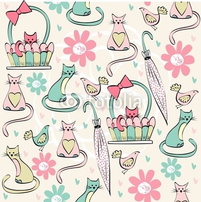 Vintage seamless pattern with cats in bright colors