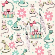 Naklejki Vintage seamless pattern with cats in bright colors