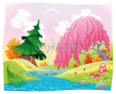 Fantasy landscape on the riverside. Vector illustration.