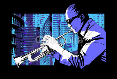 Jazz trumpet player over a city background