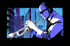 Obrazy i plakaty Jazz trumpet player over a city background