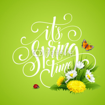 Spring Hand Lettering on background with flowers. Vector illustration
