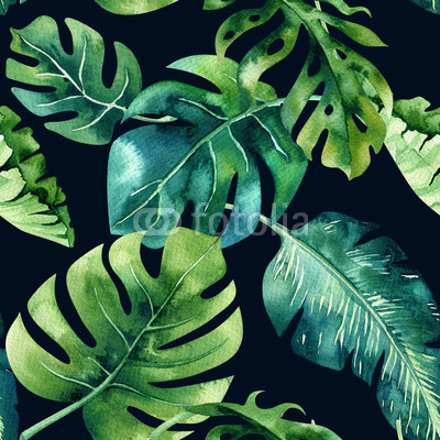 Seamless watercolor pattern of tropical leaves, dense jungle. Ha