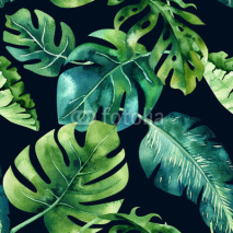 Fototapety Seamless watercolor pattern of tropical leaves, dense jungle. Ha