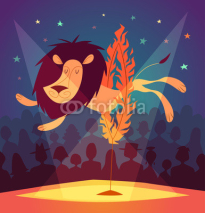 Naklejki Lion jumping circus show. Vector illustration.