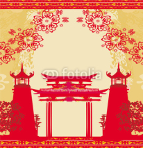 Fototapety Abstract card with Asian buildings , vintage frame