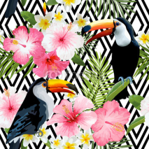 Naklejki Tropical Birds and Flowers. Geometric Background. Vintage Seamless Pattern