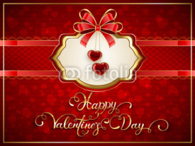 Valentines card with hearts and bow on red background