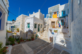 Greece Siros, street view of traditional Greek houses in chora,