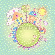 Fototapety Sweet home background with cote, dog, bird  and flowers.