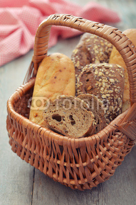 Bread and rolls in wicker basket