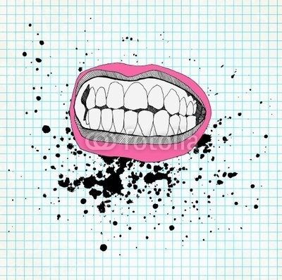 Sketch of the lips and teeth on the school paper. Grunge backgro