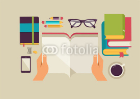 Fototapety Reading books desktop, set of flat icons