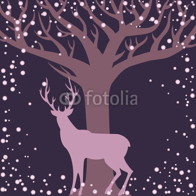 Winter season background with deer and tree silhouettes