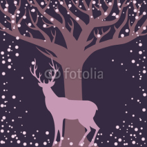 Naklejki Winter season background with deer and tree silhouettes