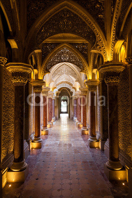 Fairytale corridor of Monserrate Palace in Sintra town, Portugal