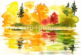 Obrazy i plakaty Autumn landscape with lake and forest.