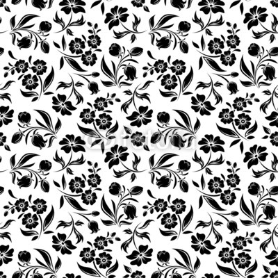 Seamless black floral pattern on white. Vector illustration.