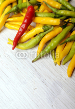 Fototapety Hot Peppers Wooden Background Copy Space