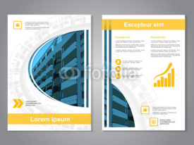 Vector modern brochure, abstract flyer with background of buildings. Layout template. Aspect Ratio for A4 size. Poster of blue, yellow, grey, black and white color. Magazine cover.