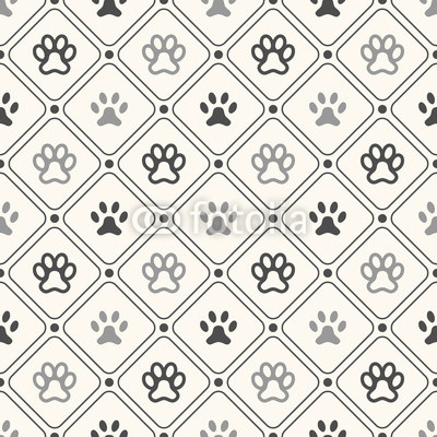 Seamless animal pattern of paw footprint in frame and polka dot.