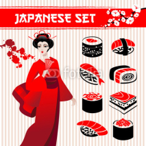 Fototapety Japanese set: traditional food sushi, geisha