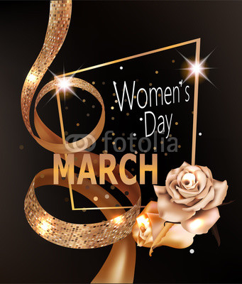 8 March Women's Day  banner with gold textured eight shaped ribbon, roses and frame. Vector illustration