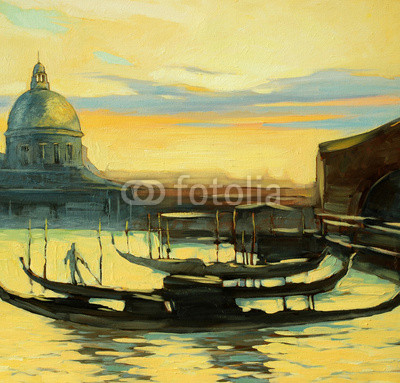 landscape with gondolas to Venice, painting, illustration