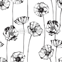 Fototapety Black and white seamless pattern with poppies. Hand-drawn floral background.