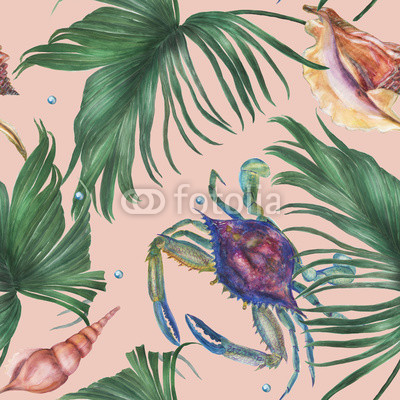 watercolor painting seamless pattern with tropical leaves,seashells and crabs