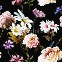 Fototapety Seamless pattern of carnation flowers with chamomile (camomile), leaves, cornflowers and peony on black. Vintage style. Vector stock