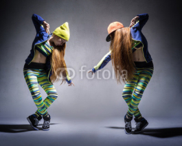 A collage of two photos with dancing girl in a tracksuit