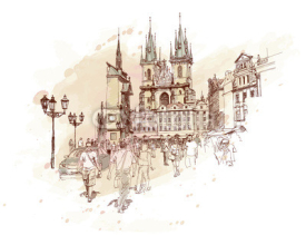 Old Town Square, Prague, Czech Republic - a vector sketch