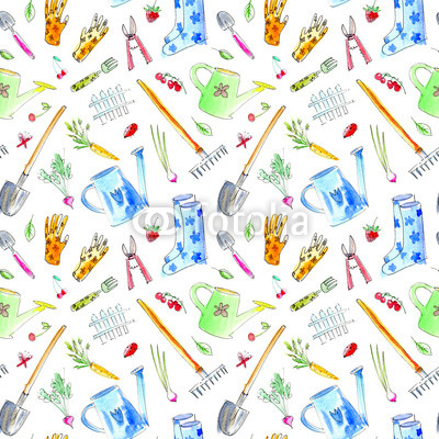 Village image with garden plants and tools seamless pattern.Drawing with berries,flowers,vegetables,watering can,spade,rubber boots,rake,carrots.Watercolor hand drawn illustration.White background.