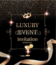Luxury event invitation card with vintage frame and gold textured curly ribbon. Vector illustration