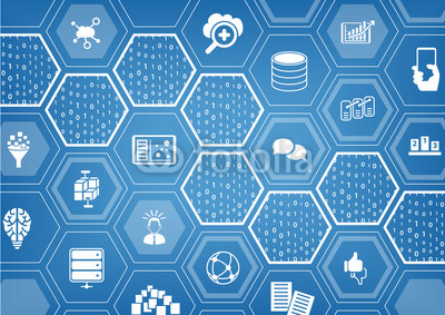 Big data background with hexagon shapes and symbols