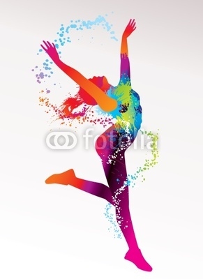 The dancing girl with colorful spots and splashes on a light bac