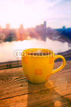 Naklejki morning coffee in sunrise