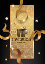 VIP Invitation card with gold ribbons, beads and floral design background. Vector illustration