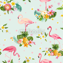 Naklejki Flamingo Bird and Tropical Flowers Background - Retro seamless pattern