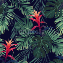 Fototapety Hand drawn seamless floral pattern with guzmania flowers, monstera and royal palm leaves. Exotic hawaiian vector background.