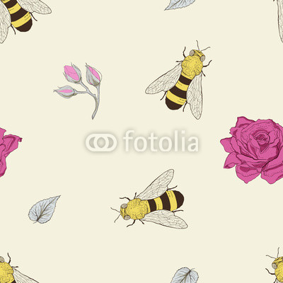 bee and rose seamless pattern