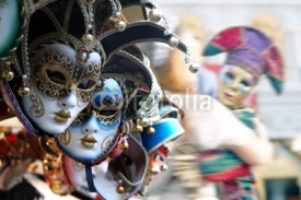 Naklejki Row of venetian masks in gold and blue