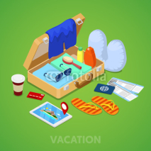 Isometric Travel Vacation Concept. Suitcase with Passport, Tickets and Summer Clothing. Vector 3d flat illustration
