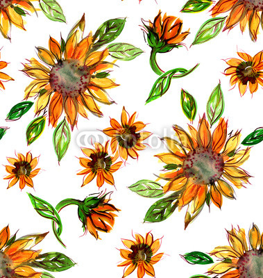 Seamless Watercolor Pattern with Sunflowers