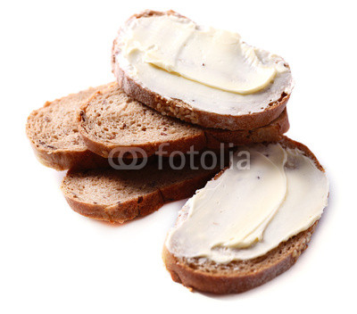 Fresh bread and homemade butter, isolated on white